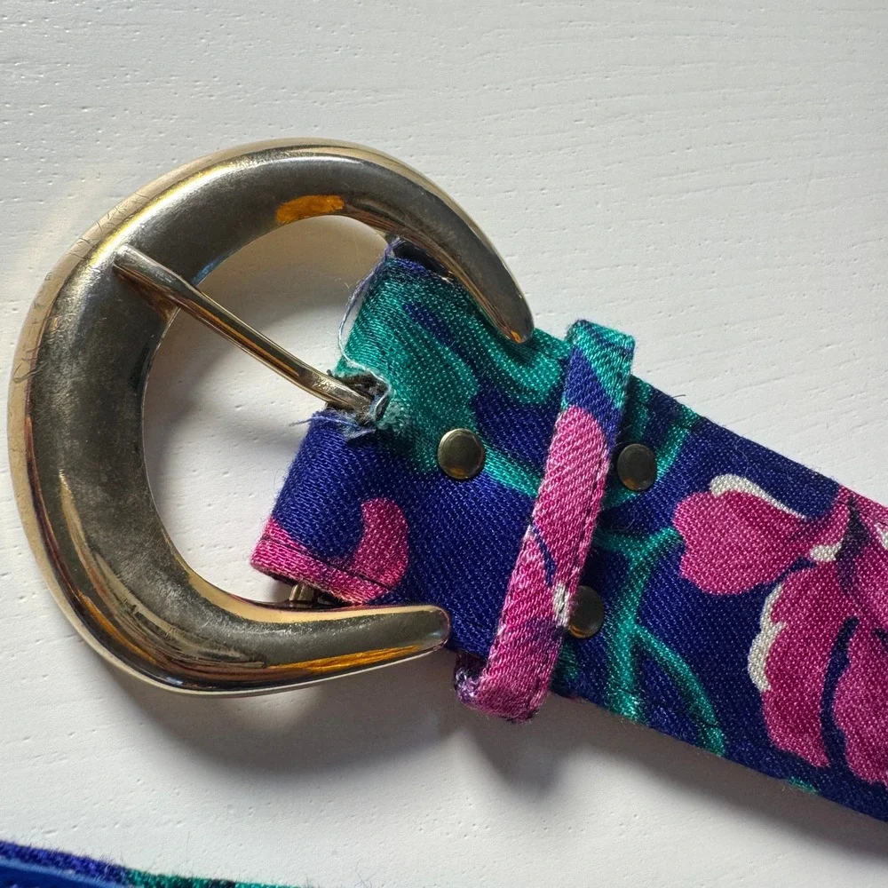 Vtg 80s Blue Floral Wide Waist Fabric Belt Gold Buckle Pink Botanical Maximalist